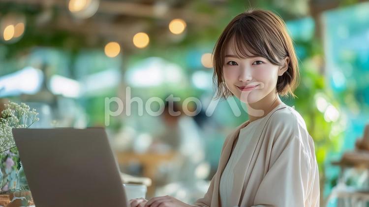 緑豊かなカフェでノートPCを使用する女性 カフェ,女性,緑の写真素材