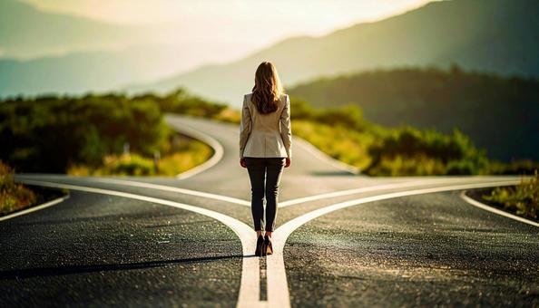 どちらへ進むか考える女性の後ろ姿の写真