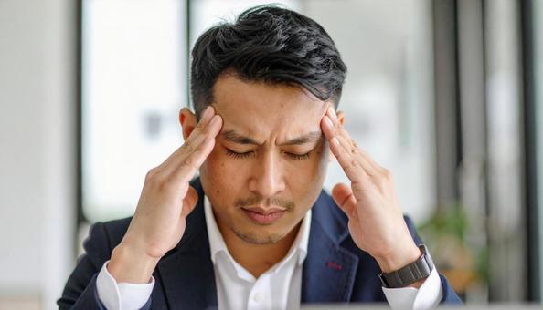 頭を押さえて悩む男性ビジネスマン 頭を押さえて悩む男性ビジネスマンの写真