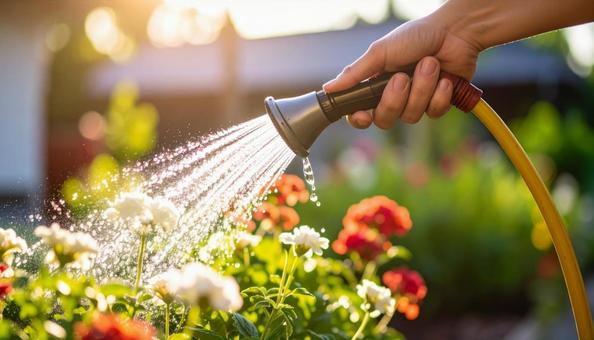 ホースで水やりする手元アップ ホースで水やりする手元アップの写真