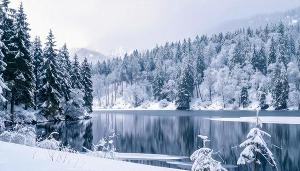 冬の湖 森林 冬の湖 森林の写真