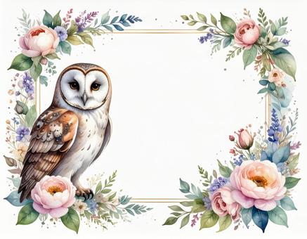 フクロウと花の枠の素材 フクロウと花の枠の素材の写真