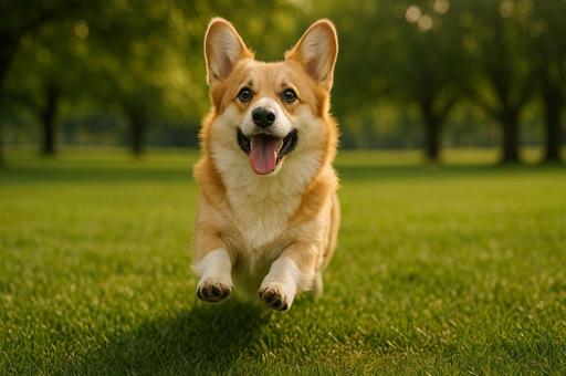 走る笑顔のコーギー犬 走る笑顔のコーギー犬の写真