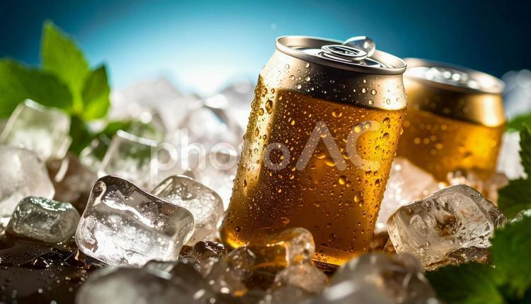 氷水でキンキンに冷やされた缶ビール 缶ビール,氷水,清涼感の写真素材