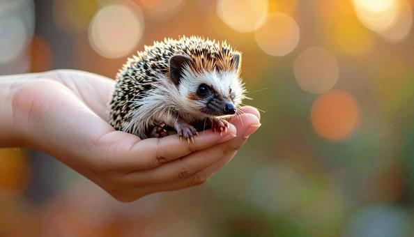 飼い主の手の中のハリネズミ 飼い主の手の中のハリネズミの写真