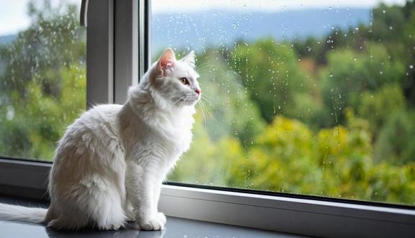 雨の日に部屋の中から窓の外を見ている猫 雨の日に部屋の中から窓の外を見ている猫の写真