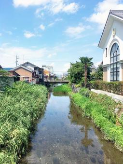 夏空の静かな川 夏空の静かな川 川,滋賀,青空の写真素材
