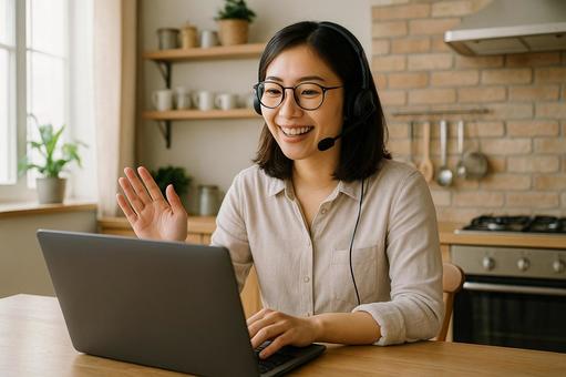キッチンでWeb会議する女性 キッチンでWeb会議する女性の写真