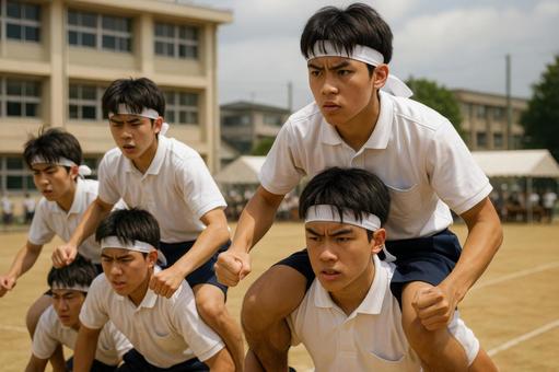 騎馬戦で真剣な表情の男子高校生 騎馬戦で真剣な表情の男子高校生の写真