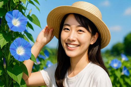 朝顔と麦わら帽子の笑顔の女性・夏の日 朝顔と麦わら帽子の笑顔の女性・夏の日の写真