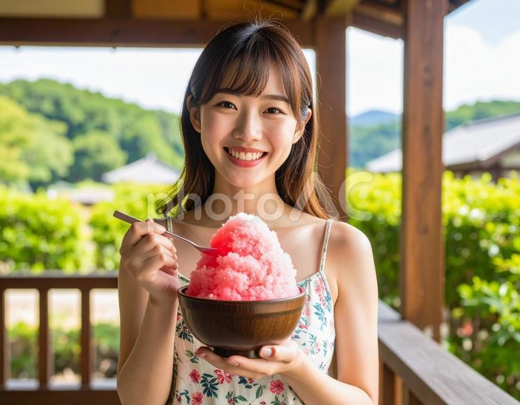 大きなかき氷（いちご味） 夏,かき氷,いちご味の写真素材