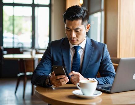 カフェで仕事をするビジネスマンの写真