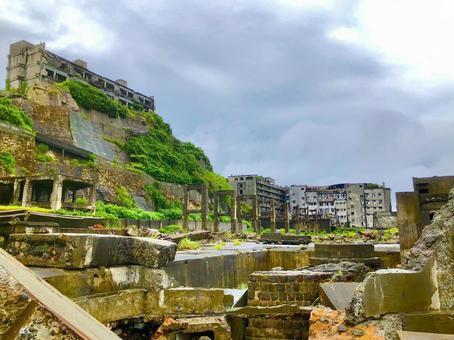軍艦島 軍艦島 軍艦島,海,防波壁の写真素材