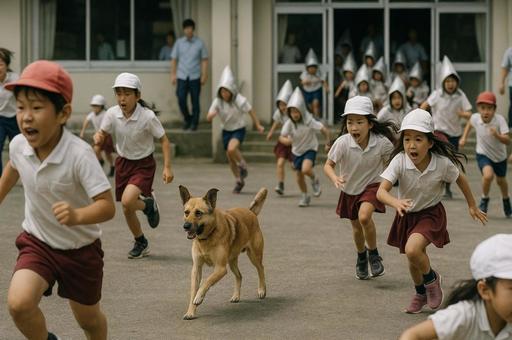 犬と走る避難訓練の校庭 犬と走る避難訓練の校庭の写真