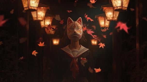 狐面の少女と紅葉の写真