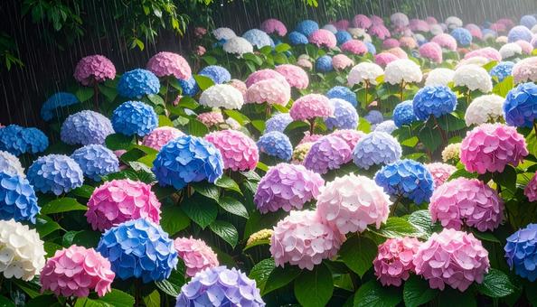 梅雨に咲く満開の紫陽花 梅雨に咲く満開の紫陽花の写真