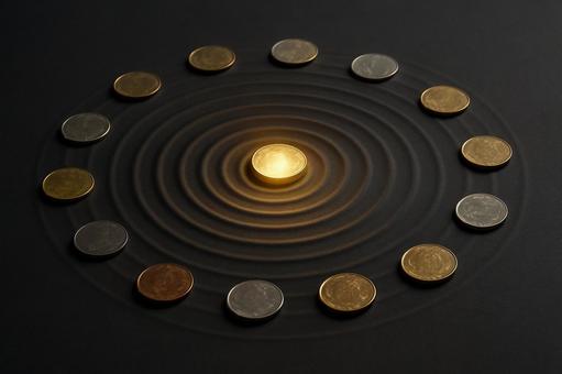 波紋と硬貨(中心から広がる波紋) 波紋と硬貨(中心から広がる波紋)の写真
