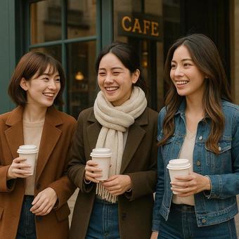 カフェから出てきた女子３人組の写真