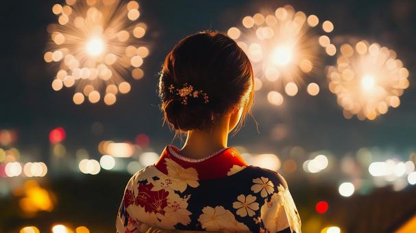 浴衣で花火を見る女性、可愛いヘアアレンジ 浴衣で花火を見る女性、可愛いヘアアレンジの写真