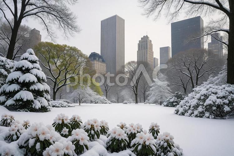 雪に包まれた都会の公園と花 公園,雪,花の写真素材