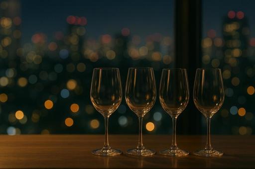 夜景とワイングラス 夜景とワイングラスの写真
