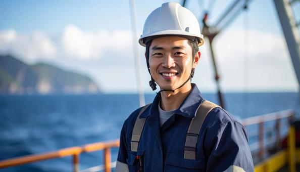 海上で働く笑顔の若い日本人男性作業員写真 海上で働く笑顔の若い日本人男性作業員写真の写真