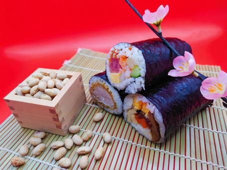 豆まきと恵方巻 豆まき,豆,恵方巻きの写真素材