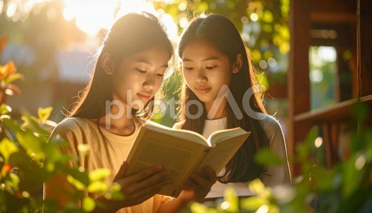 秘密のメッセージを読む2人の少女 本,少女,読むの写真素材