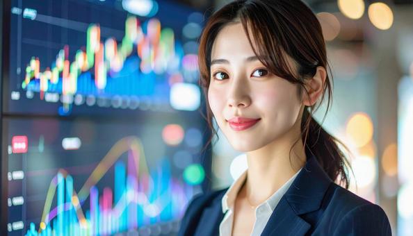 ディルプレイのチャートの前に立つ女性社員の写真