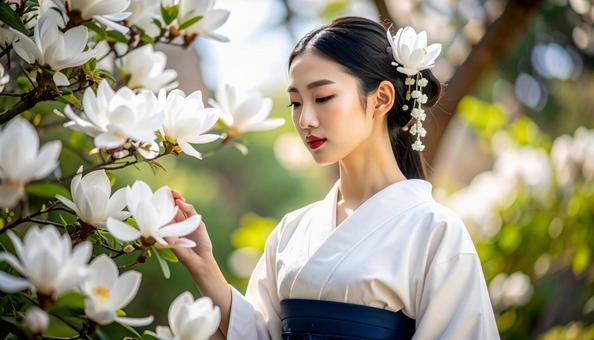 花を愛でる着物姿の美しい女性 花を愛でる着物姿の美しい女性の写真