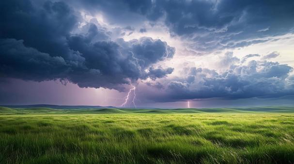 カミナリと雨雲。夏の緑色の草原 カミナリと雨雲。夏の緑色の草原の写真