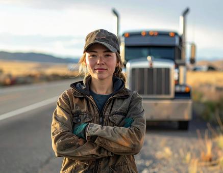 トラックの前でポーズを取る女性ドライバー トラックの前でポーズを取る女性ドライバーの写真