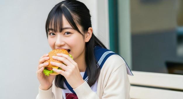 制服姿の女子高校生がハンバーガー食べるの写真