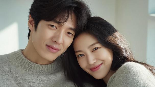 優しい光の下で寄り添う二人の写真