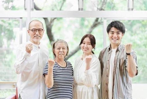 Young couple and old couple doing guts pose Young couple and old couple doing guts pose