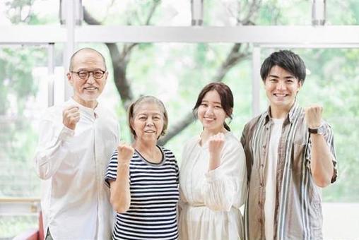 คู่หนุ่มสาวและคู่สามีภรรยาสูงอายุทำท่ากล้า, ก่อให้เกิดความกล้า, ใบหน้าที่ยิ้มแย้ม, ครอบครัว, JPG