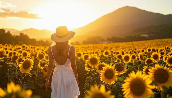 ひまわり畑を歩く白いワンピース姿の女性 ひまわり畑を歩く白いワンピース姿の女性の写真