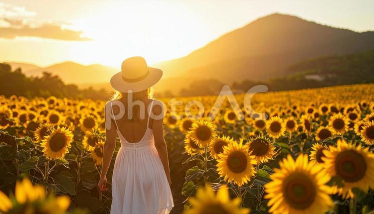 ひまわり畑を歩く白いワンピース姿の女性 ひまわり畑,ひまわり,夕日の写真素材