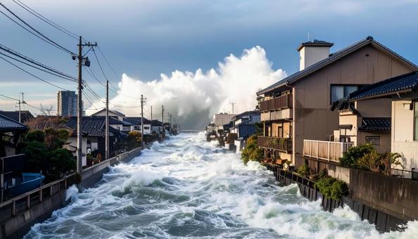 津波が押し寄せる住宅街の写真