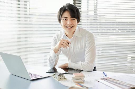 Asian male architect standing at a design office, वास्तुकार, डिजाइन विकलांग, एशियाई, JPG