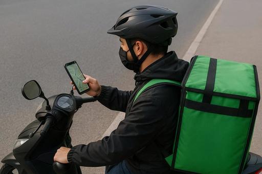 バイクでスマホナビを見ながらデリバリー バイクでスマホナビを見ながらデリバリーの写真