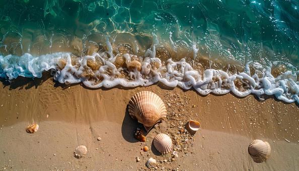 美しい海辺の砂浜の波に流される巻貝の写真
