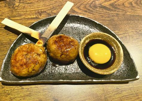 Photo, tsukune, skewers, grilled chicken, 