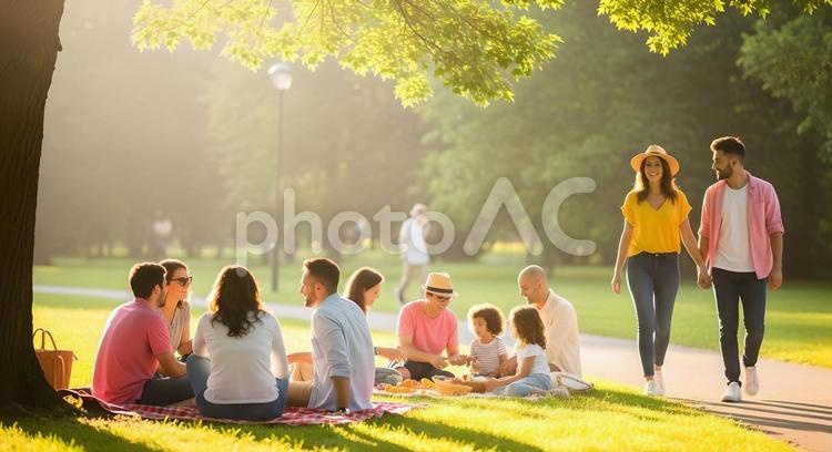 夏の公園でピクニックを楽しむ人達 ピクニック,家族,友人の写真素材
