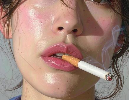 タバコを咥えた女性の口元 タバコを咥えた女性の口元の写真