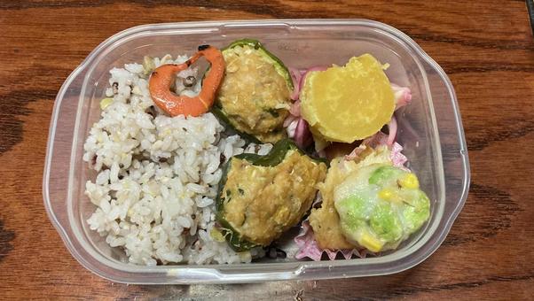 安納芋とピーマン肉詰め節約弁当 安納芋とピーマン肉詰め節約弁当 節約弁当,弁当,手作り弁当の写真素材