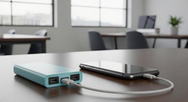 スマホを充電する水色モバイルバッテリー スマホを充電する水色モバイルバッテリーの写真