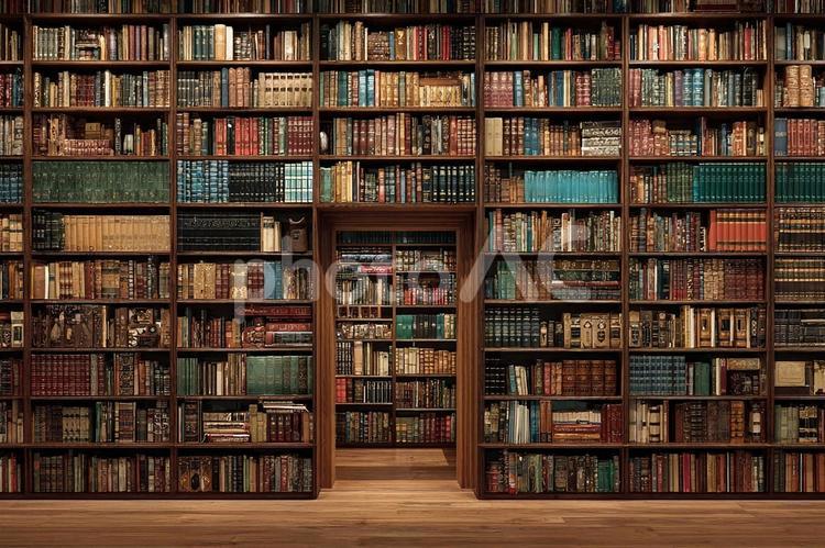 古書が並ぶ図書館の本棚 本,本棚,書籍の写真素材