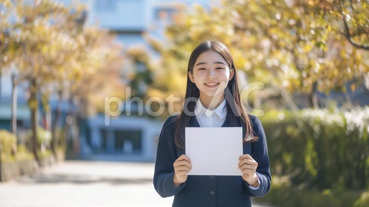 空白の紙を提示するアジア人女性 女性,女,お知らせの写真素材