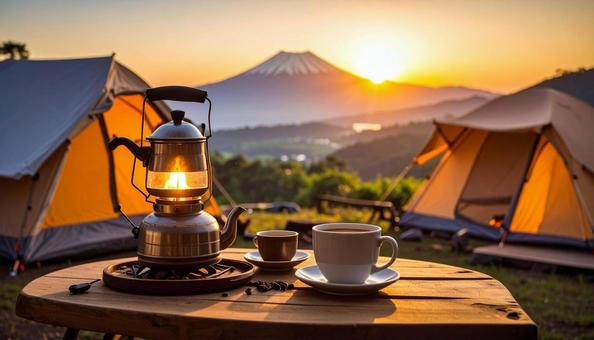 キャンプ場で山からの日の出を眺めるの写真